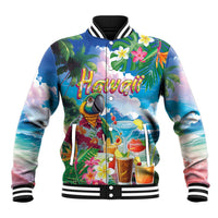 Hawaii Cocktails Baseball Jacket Parrot with Cute Beach Landscape and Tropical Plants