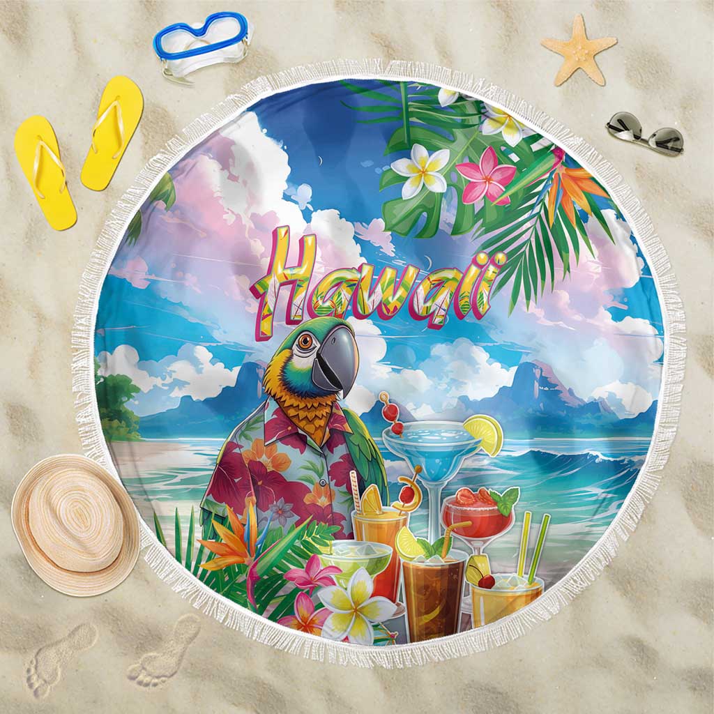 Hawaii Cocktails Beach Blanket Parrot with Cute Beach Landscape and Tropical Plants