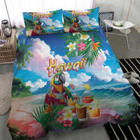 Hawaii Cocktails Bedding Set Parrot with Cute Beach Landscape and Tropical Plants