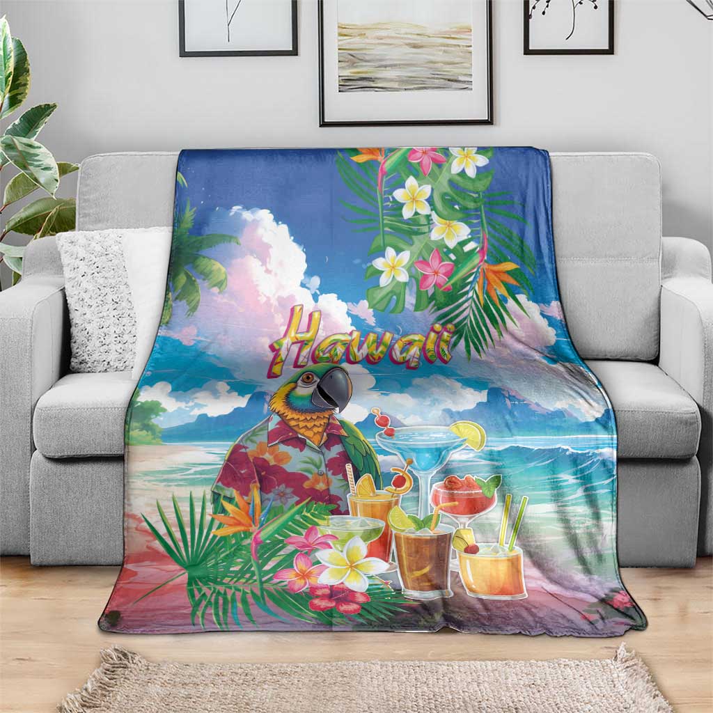 Hawaii Cocktails Blanket Parrot with Cute Beach Landscape and Tropical Plants