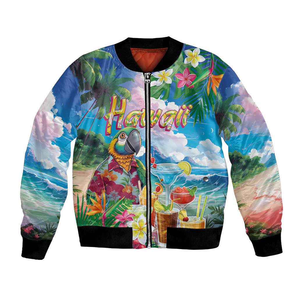 Hawaii Cocktails Bomber Jacket Parrot with Cute Beach Landscape and Tropical Plants