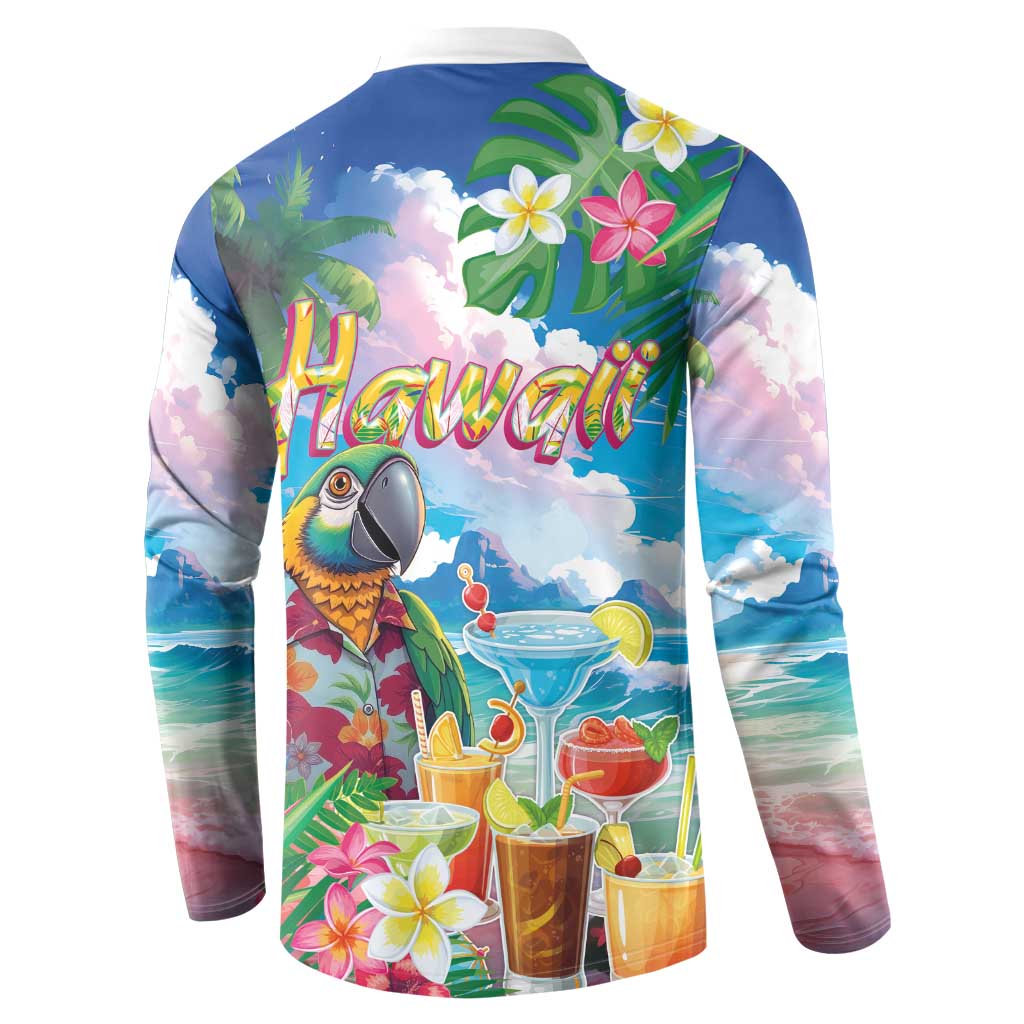 Hawaii Cocktails Button Sweatshirt Parrot with Cute Beach Landscape and Tropical Plants