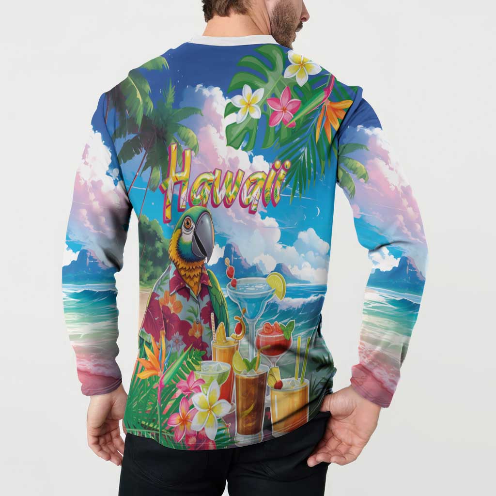 Hawaii Cocktails Button Sweatshirt Parrot with Cute Beach Landscape and Tropical Plants