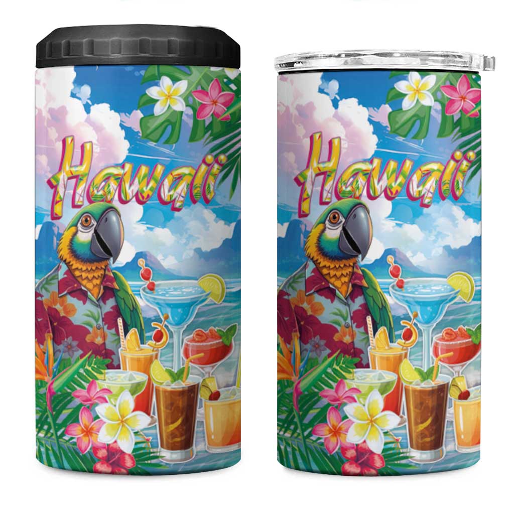 Hawaii Cocktails 4 in 1 Can Cooler Tumbler Parrot with Cute Beach Landscape and Tropical Plants