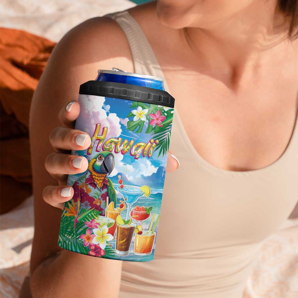 Hawaii Cocktails 4 in 1 Can Cooler Tumbler Parrot with Cute Beach Landscape and Tropical Plants