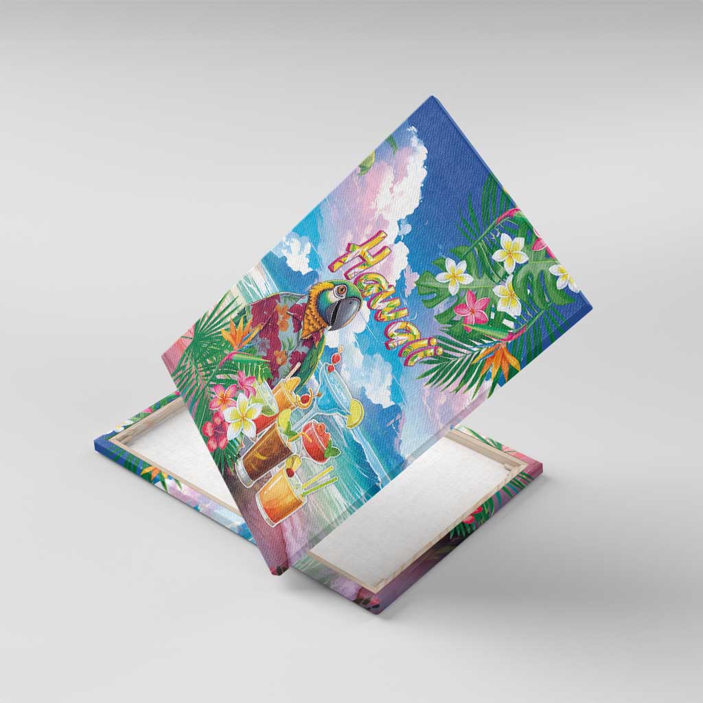 Hawaii Cocktails Canvas Wall Art Parrot with Cute Beach Landscape and Tropical Plants
