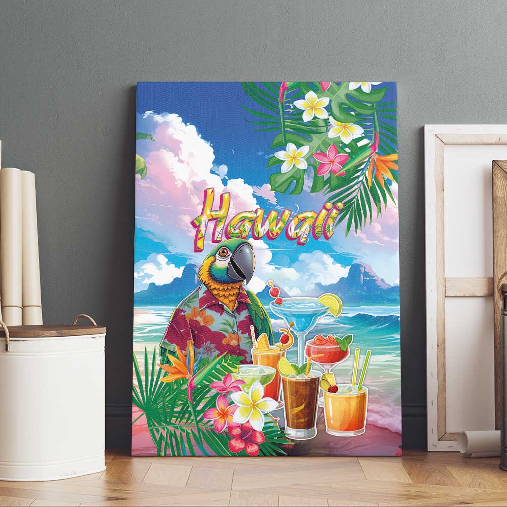 Hawaii Cocktails Canvas Wall Art Parrot with Cute Beach Landscape and Tropical Plants