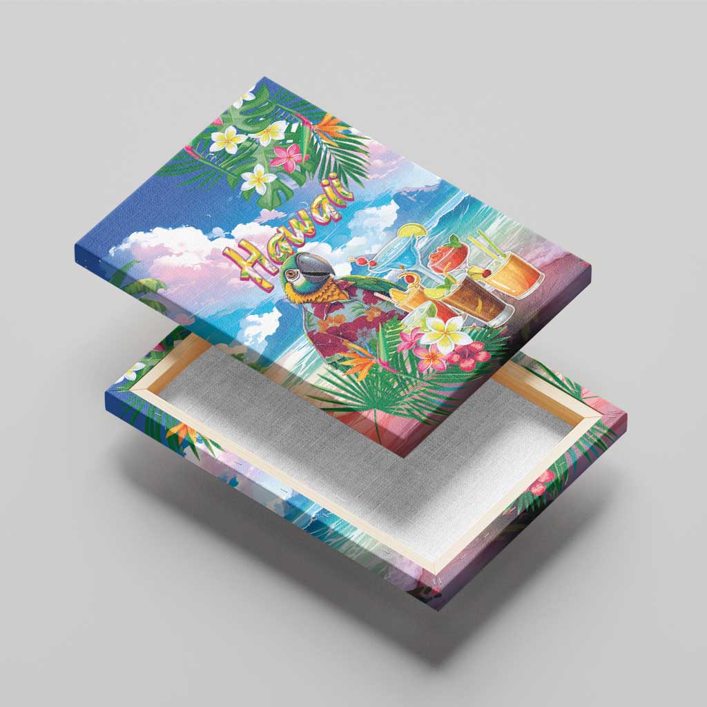 Hawaii Cocktails Canvas Wall Art Parrot with Cute Beach Landscape and Tropical Plants