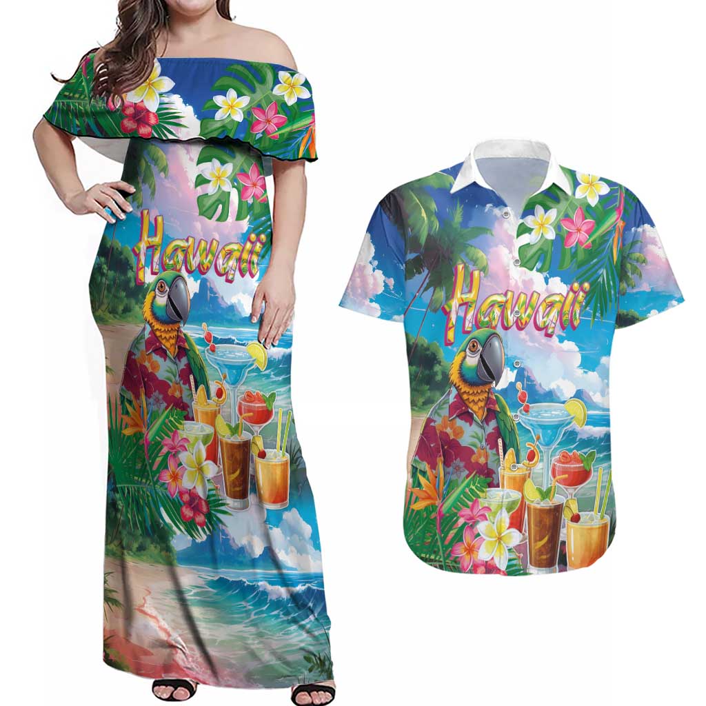 Hawaii Cocktails Couples Matching Off Shoulder Maxi Dress and Hawaiian Shirt Parrot with Cute Beach Landscape and Tropical Plants