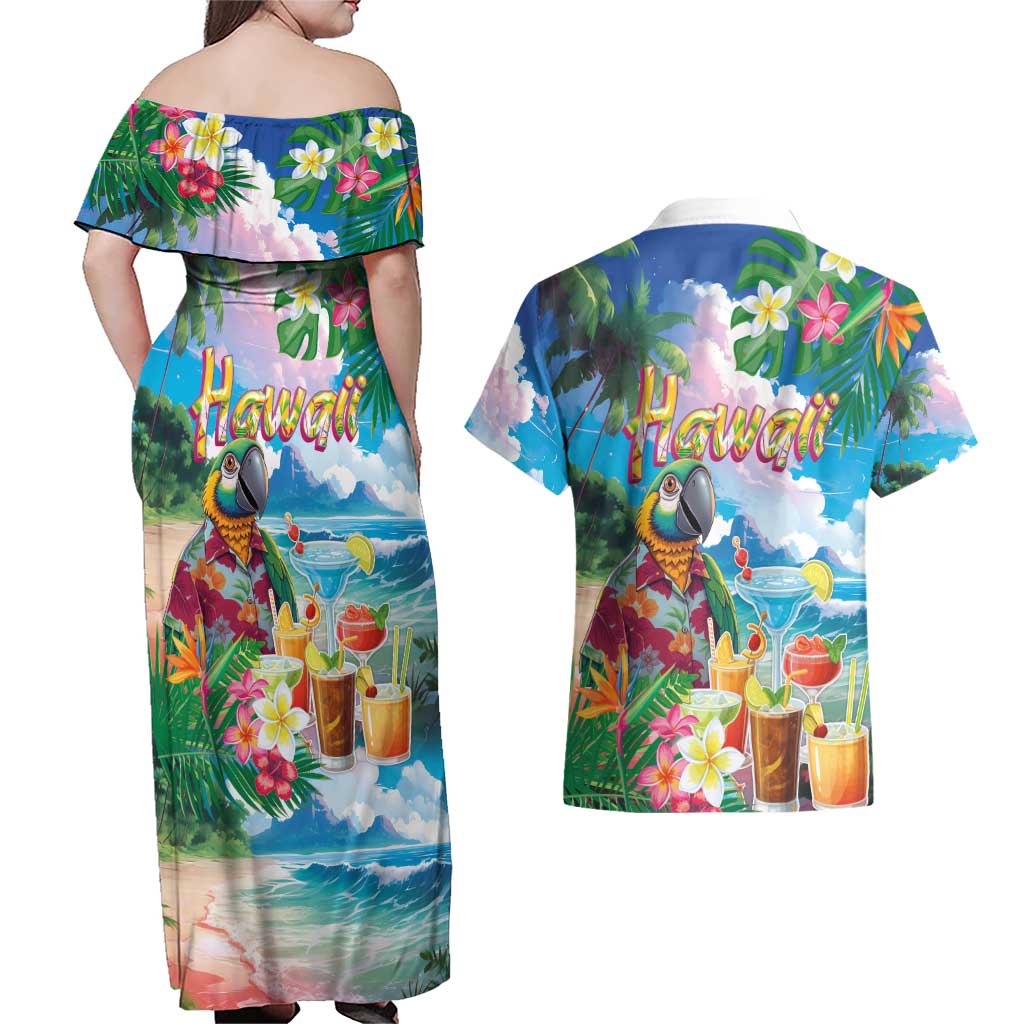 Hawaii Cocktails Couples Matching Off Shoulder Maxi Dress and Hawaiian Shirt Parrot with Cute Beach Landscape and Tropical Plants