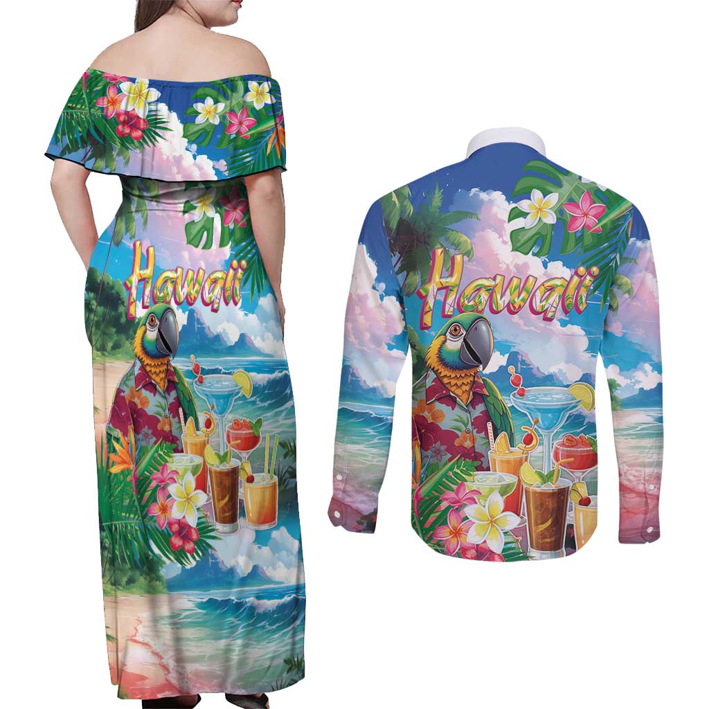 Hawaii Cocktails Couples Matching Off Shoulder Maxi Dress and Long Sleeve Button Shirt Parrot with Cute Beach Landscape and Tropical Plants