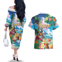 Hawaii Cocktails Couples Matching Off The Shoulder Long Sleeve Dress and Hawaiian Shirt Parrot with Cute Beach Landscape and Tropical Plants