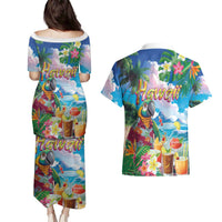 Hawaii Cocktails Couples Matching Puletasi and Hawaiian Shirt Parrot with Cute Beach Landscape and Tropical Plants