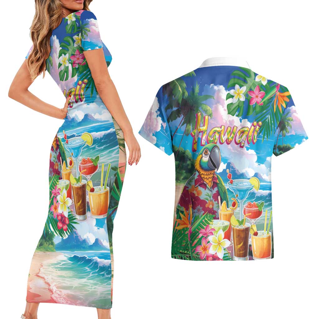 Hawaii Cocktails Couples Matching Short Sleeve Bodycon Dress and Hawaiian Shirt Parrot with Cute Beach Landscape and Tropical Plants