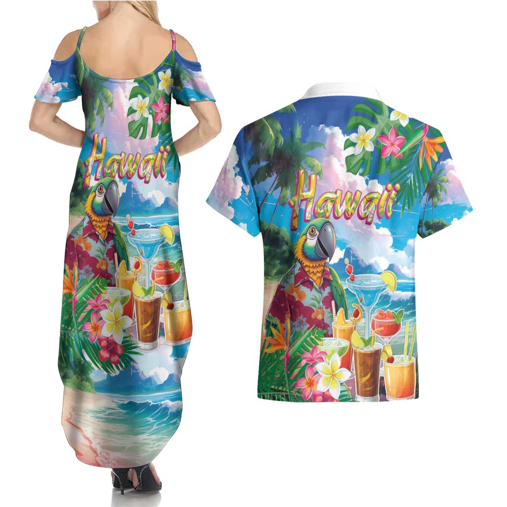 Hawaii Cocktails Couples Matching Summer Maxi Dress and Hawaiian Shirt Parrot with Cute Beach Landscape and Tropical Plants