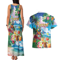 Hawaii Cocktails Couples Matching Tank Maxi Dress and Hawaiian Shirt Parrot with Cute Beach Landscape and Tropical Plants