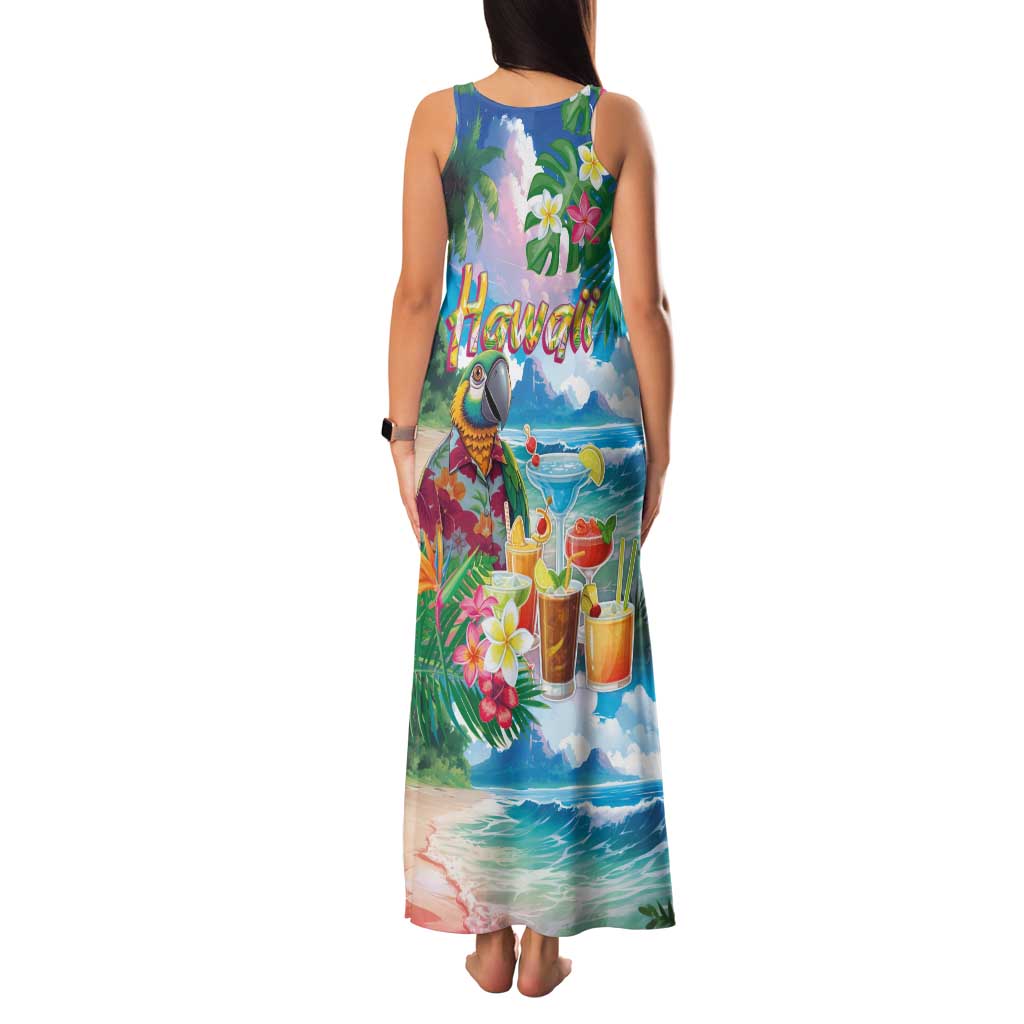 Hawaii Cocktails Family Matching Tank Maxi Dress and Hawaiian Shirt Parrot with Cute Beach Landscape and Tropical Plants