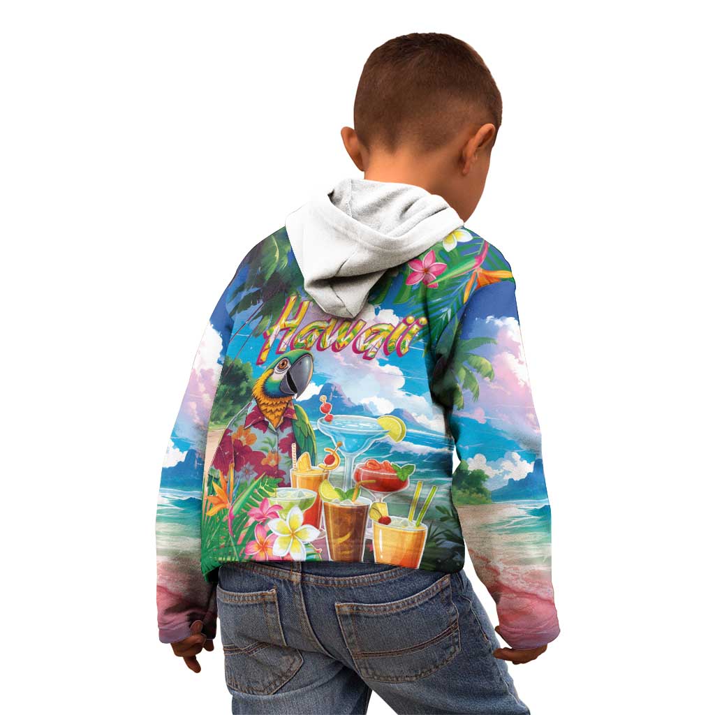 Hawaii Cocktails Kid Hoodie Parrot with Cute Beach Landscape and Tropical Plants