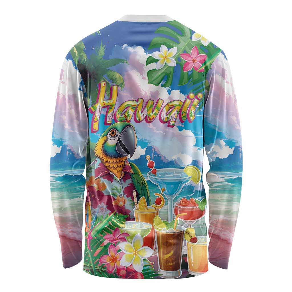 Hawaii Cocktails Long Sleeve Shirt Parrot with Cute Beach Landscape and Tropical Plants