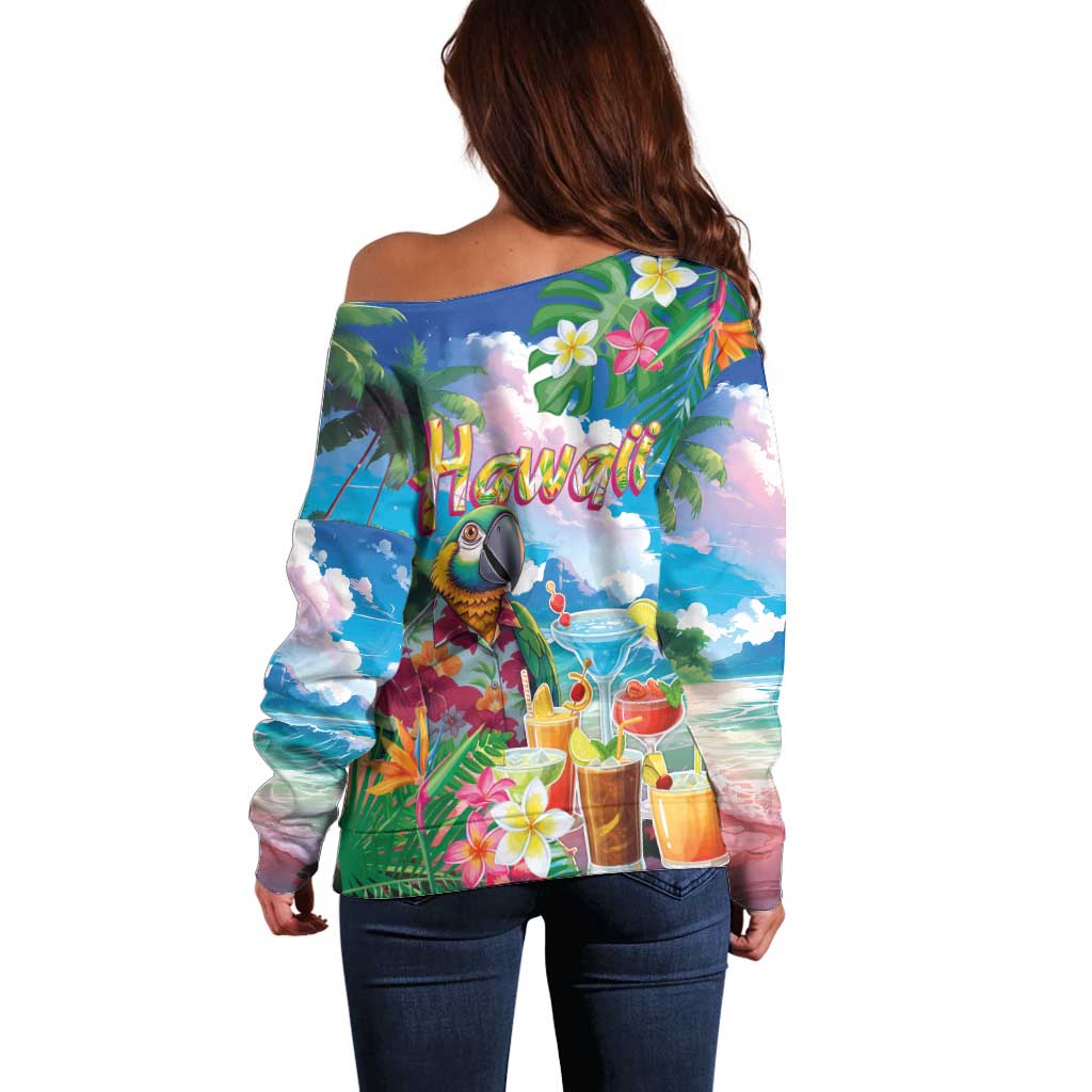 Hawaii Cocktails Off Shoulder Sweater Parrot with Cute Beach Landscape and Tropical Plants