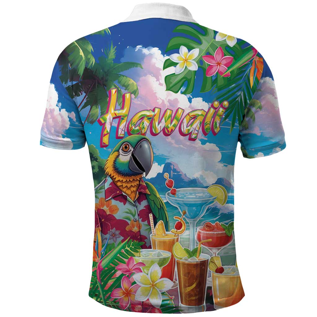 Hawaii Cocktails Polo Shirt Parrot with Cute Beach Landscape and Tropical Plants