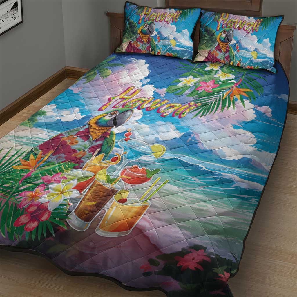 Hawaii Cocktails Quilt Bed Set Parrot with Cute Beach Landscape and Tropical Plants