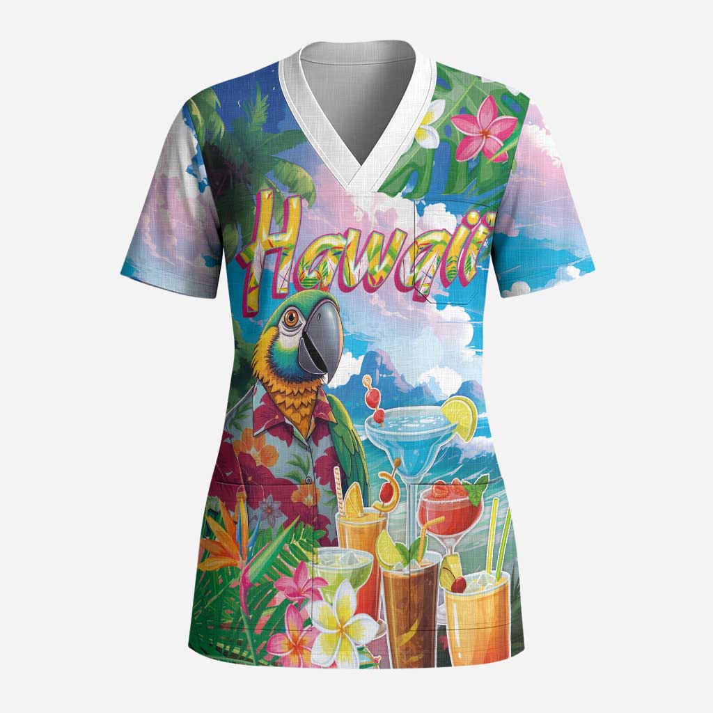 Hawaii Cocktails Scrub Top Parrot with Cute Beach Landscape and Tropical Plants - Polynesian Pride
