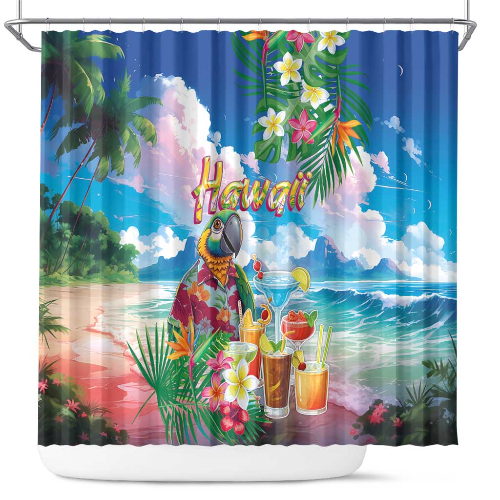 Hawaii Cocktails Shower Curtain Parrot with Cute Beach Landscape and Tropical Plants