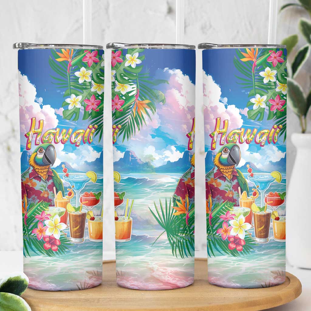 Hawaii Cocktails Skinny Tumbler Parrot with Cute Beach Landscape and Tropical Plants