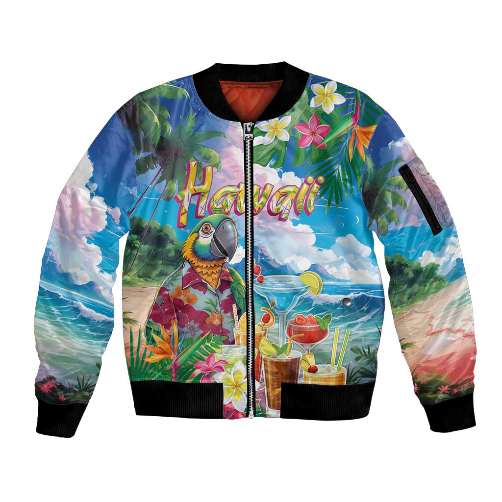 Hawaii Cocktails Sleeve Zip Bomber Jacket Parrot with Cute Beach Landscape and Tropical Plants