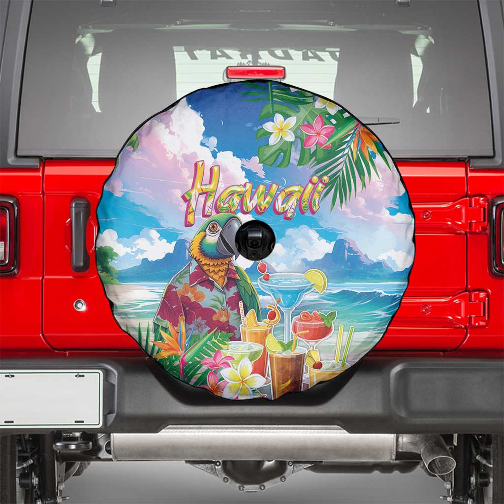 Hawaii Cocktails Spare Tire Cover Parrot with Cute Beach Landscape and Tropical Plants