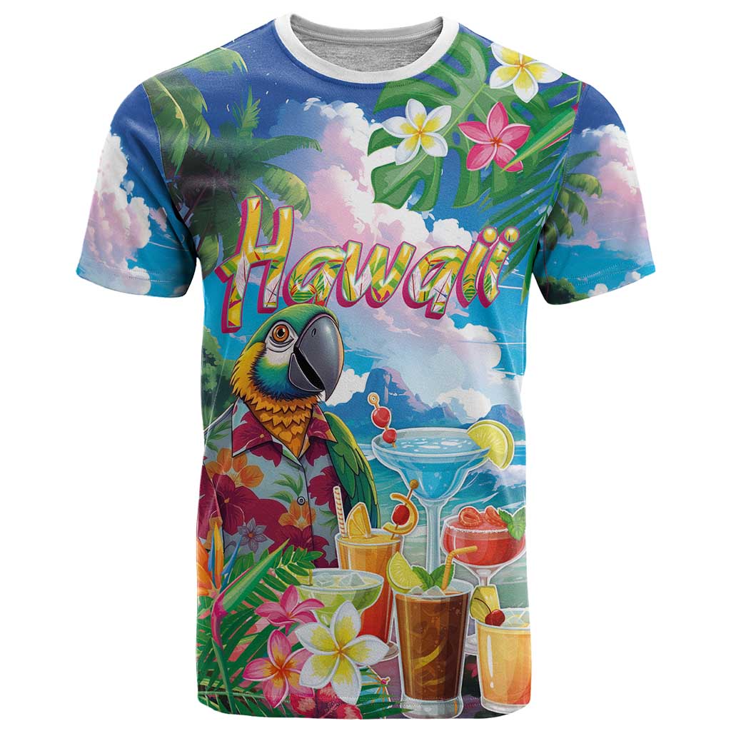Hawaii Cocktails T Shirt Parrot with Cute Beach Landscape and Tropical Plants