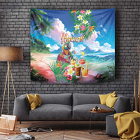 Hawaii Cocktails Tapestry Parrot with Cute Beach Landscape and Tropical Plants