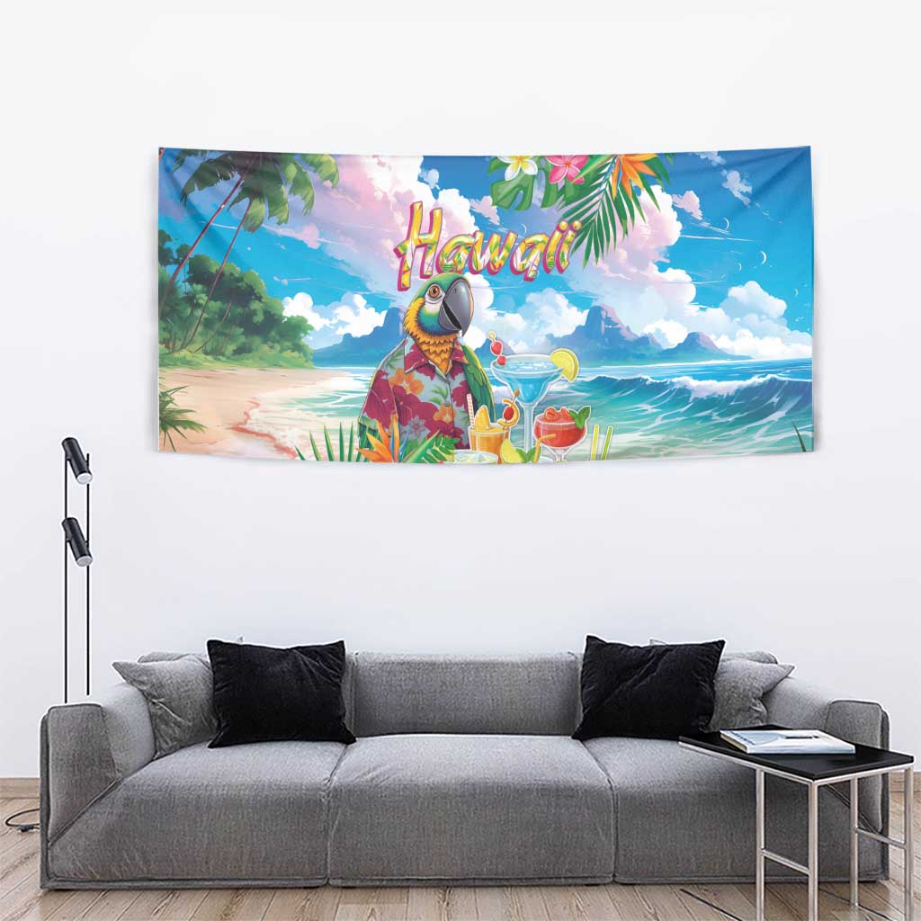 Hawaii Cocktails Tapestry Parrot with Cute Beach Landscape and Tropical Plants