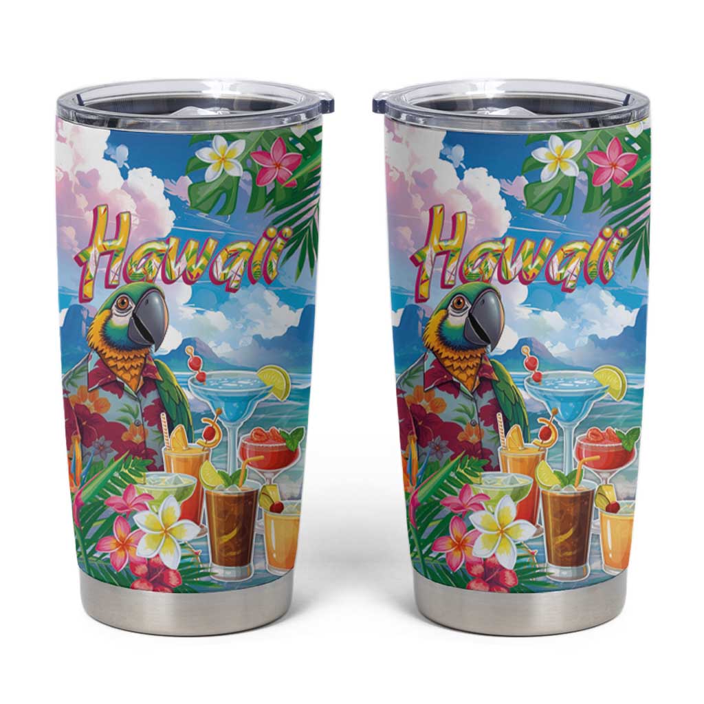 Hawaii Cocktails Tumbler Cup Parrot with Cute Beach Landscape and Tropical Plants