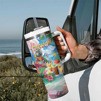 Hawaii Cocktails Tumbler With Handle Parrot with Cute Beach Landscape and Tropical Plants