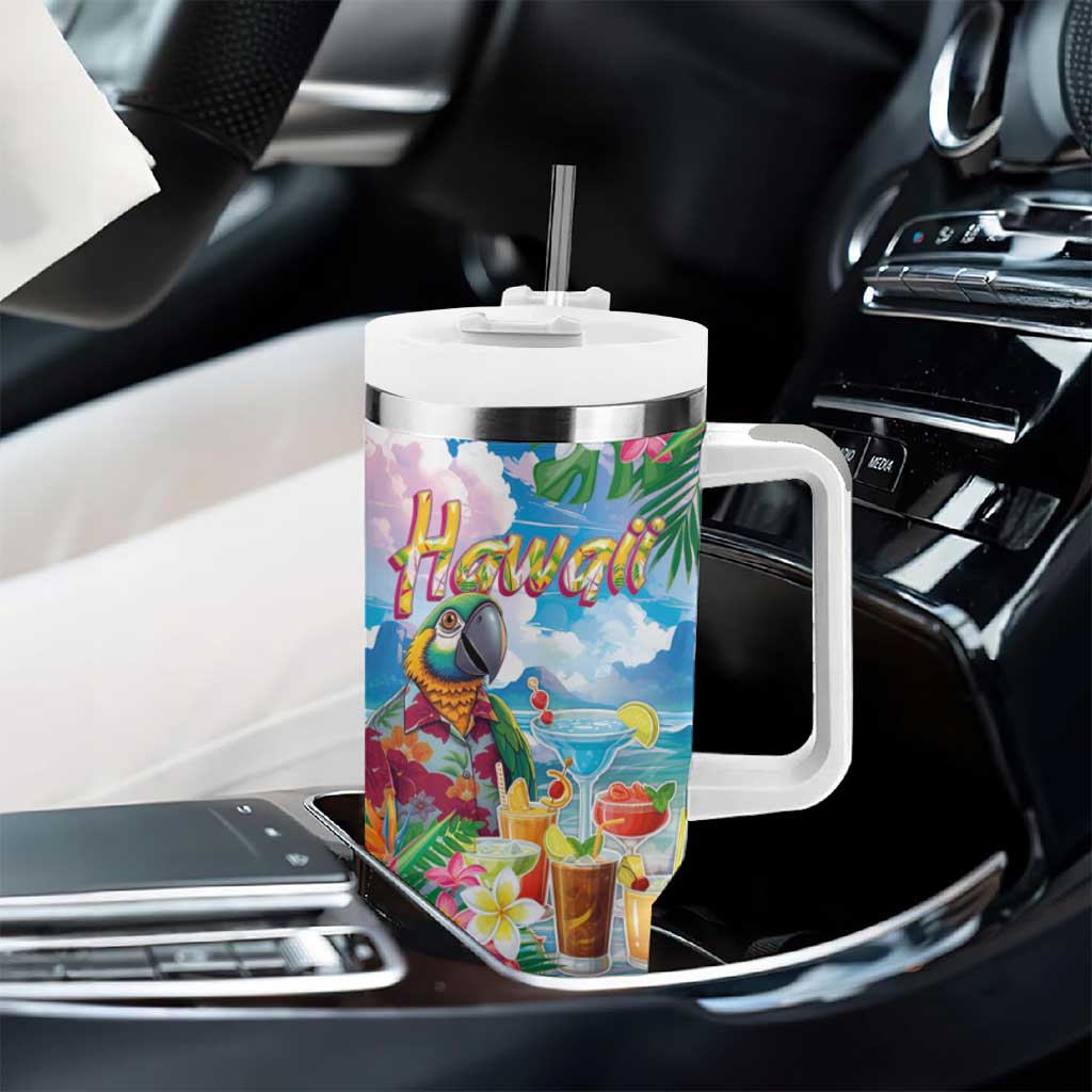 Hawaii Cocktails Tumbler With Handle Parrot with Cute Beach Landscape and Tropical Plants