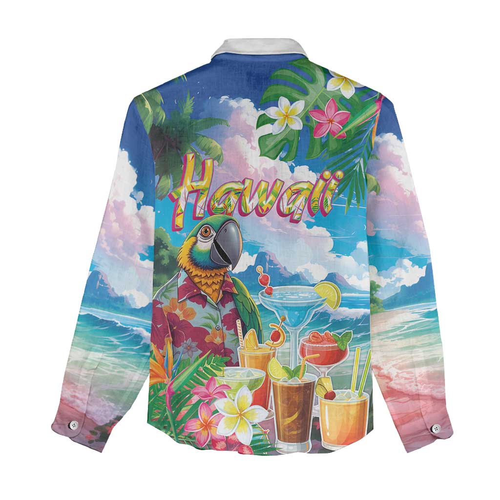 Hawaii Cocktails Women Casual Shirt Parrot with Cute Beach Landscape and Tropical Plants