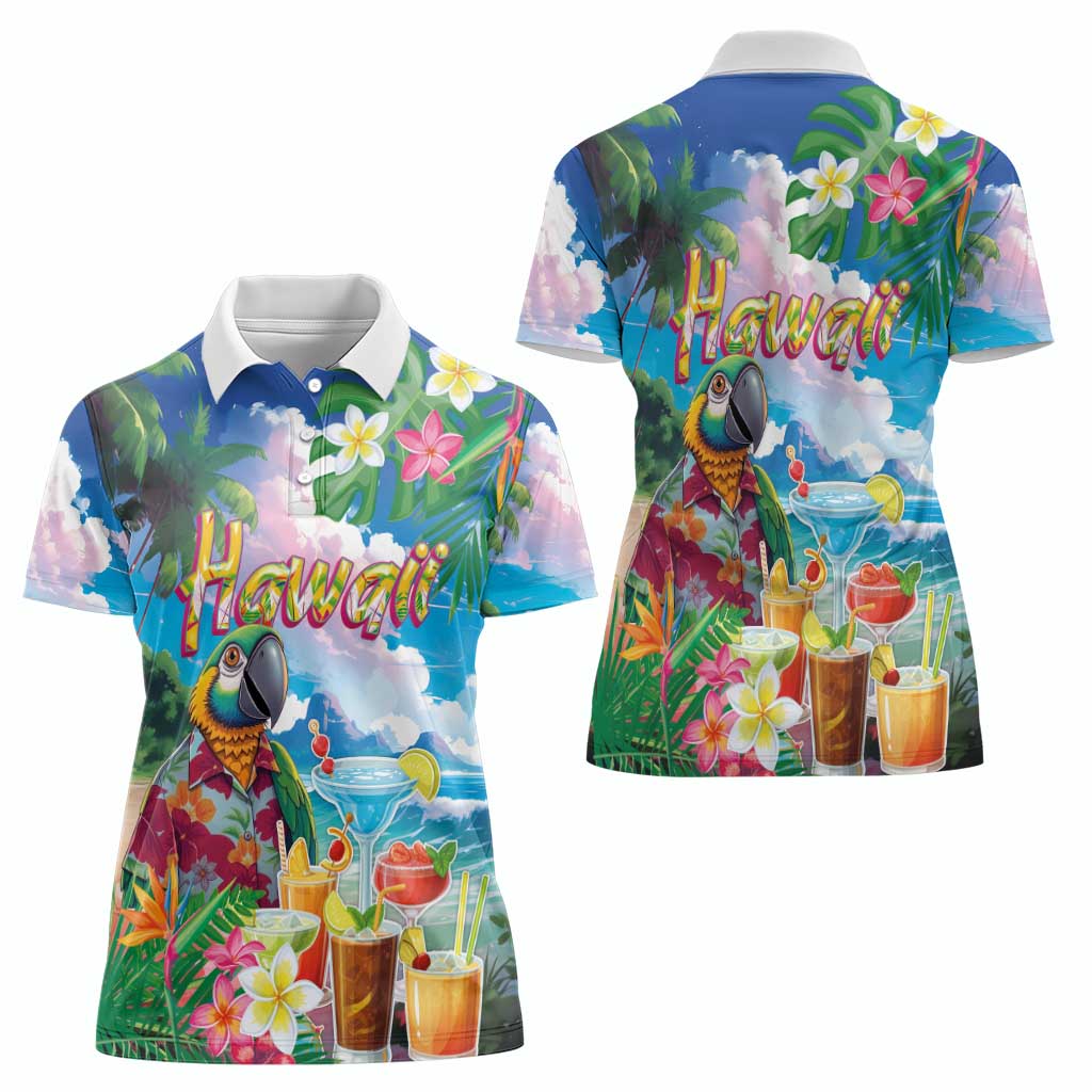 Hawaii Cocktails Women Polo Shirt Parrot with Cute Beach Landscape and Tropical Plants