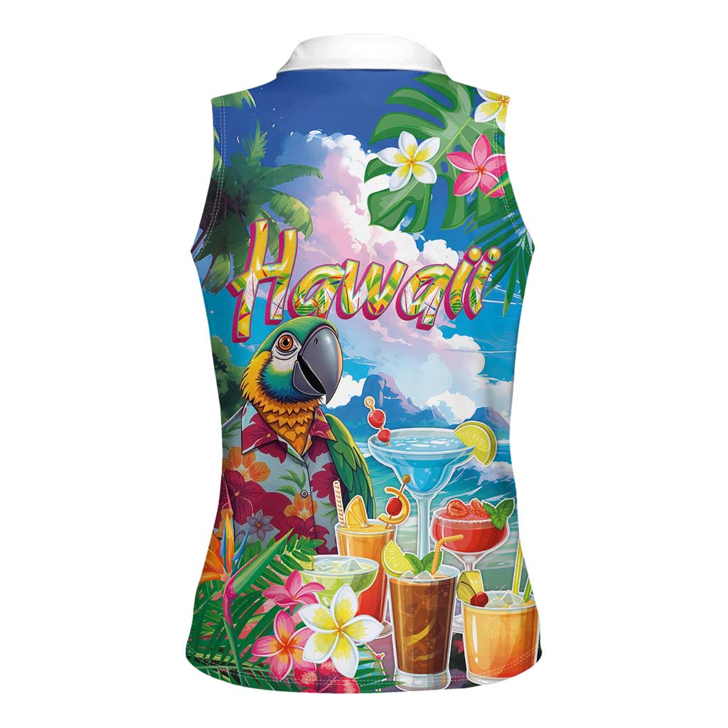 Hawaii Cocktails Women Sleeveless Polo Shirt Parrot with Cute Beach Landscape and Tropical Plants