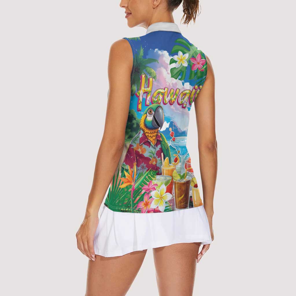 Hawaii Cocktails Women Sleeveless Polo Shirt Parrot with Cute Beach Landscape and Tropical Plants