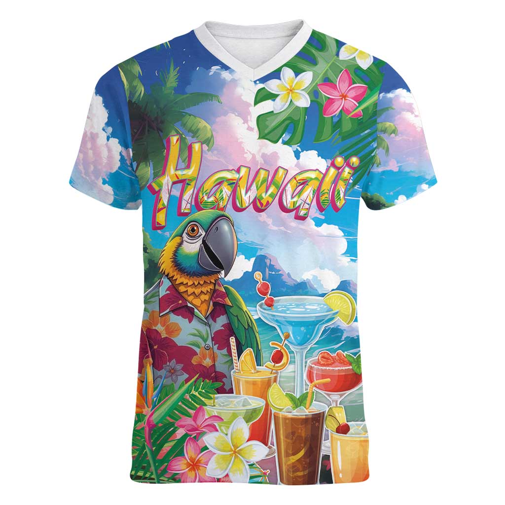 Hawaii Cocktails Women V-Neck T-Shirt Parrot with Cute Beach Landscape and Tropical Plants