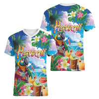 Hawaii Cocktails Women V-Neck T-Shirt Parrot with Cute Beach Landscape and Tropical Plants