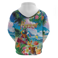 Hawaii Cocktails Zip Hoodie Parrot with Cute Beach Landscape and Tropical Plants