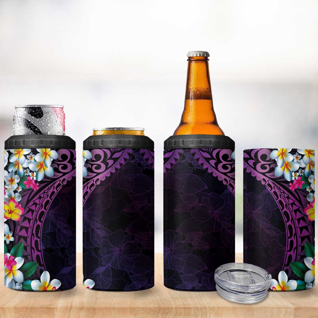 Hawaiian Plumeria-Polynesian Art Tattoo Mauve Color 4 in 1 Can Cooler Tumbler