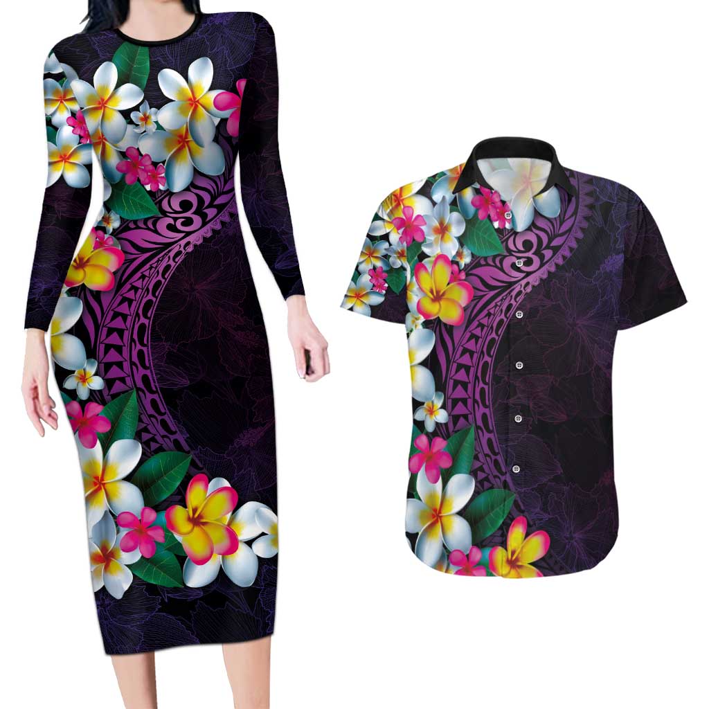 Hawaiian Plumeria-Polynesian Art Tattoo Mauve Color Couples Matching Long Sleeve Bodycon Dress and Hawaiian Shirt