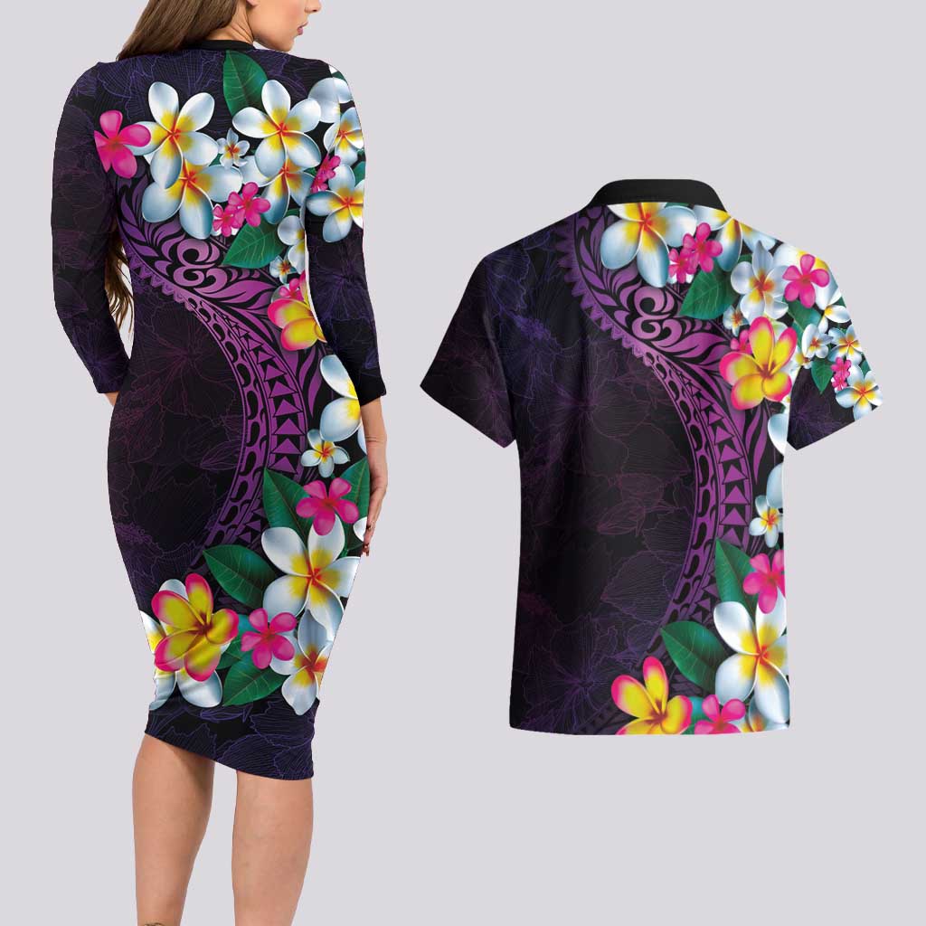 Hawaiian Plumeria-Polynesian Art Tattoo Mauve Color Couples Matching Long Sleeve Bodycon Dress and Hawaiian Shirt