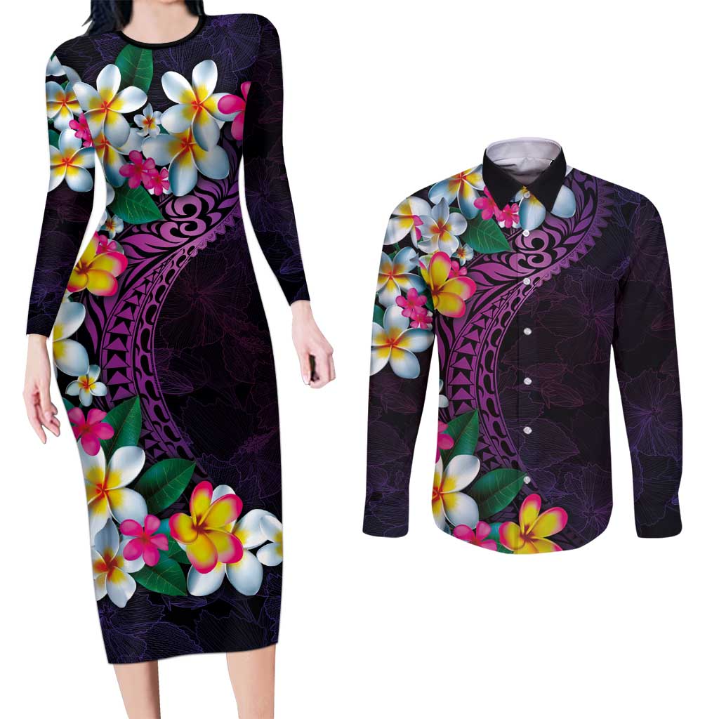 Hawaiian Plumeria-Polynesian Art Tattoo Mauve Color Couples Matching Long Sleeve Bodycon Dress and Long Sleeve Button Shirt