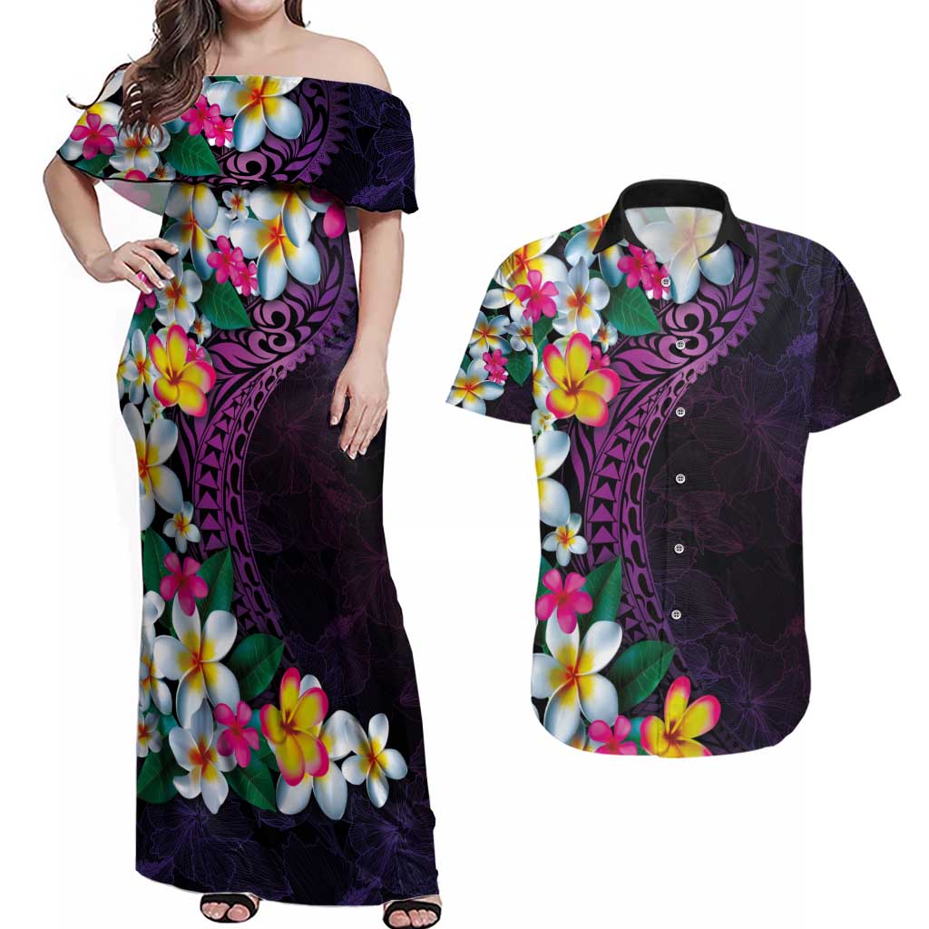 Hawaiian Plumeria-Polynesian Art Tattoo Mauve Color Couples Matching Off Shoulder Maxi Dress and Hawaiian Shirt