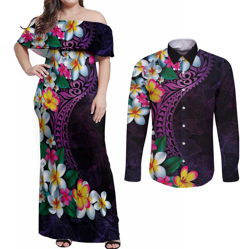 Hawaiian Plumeria-Polynesian Art Tattoo Mauve Color Couples Matching Off Shoulder Maxi Dress and Long Sleeve Button Shirt